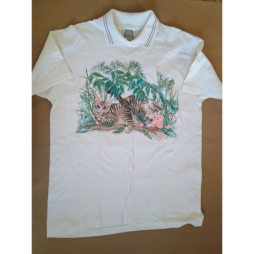 Vintage American Weekend Cat Graphic Single Stitch Shirt Men Unisex White Large